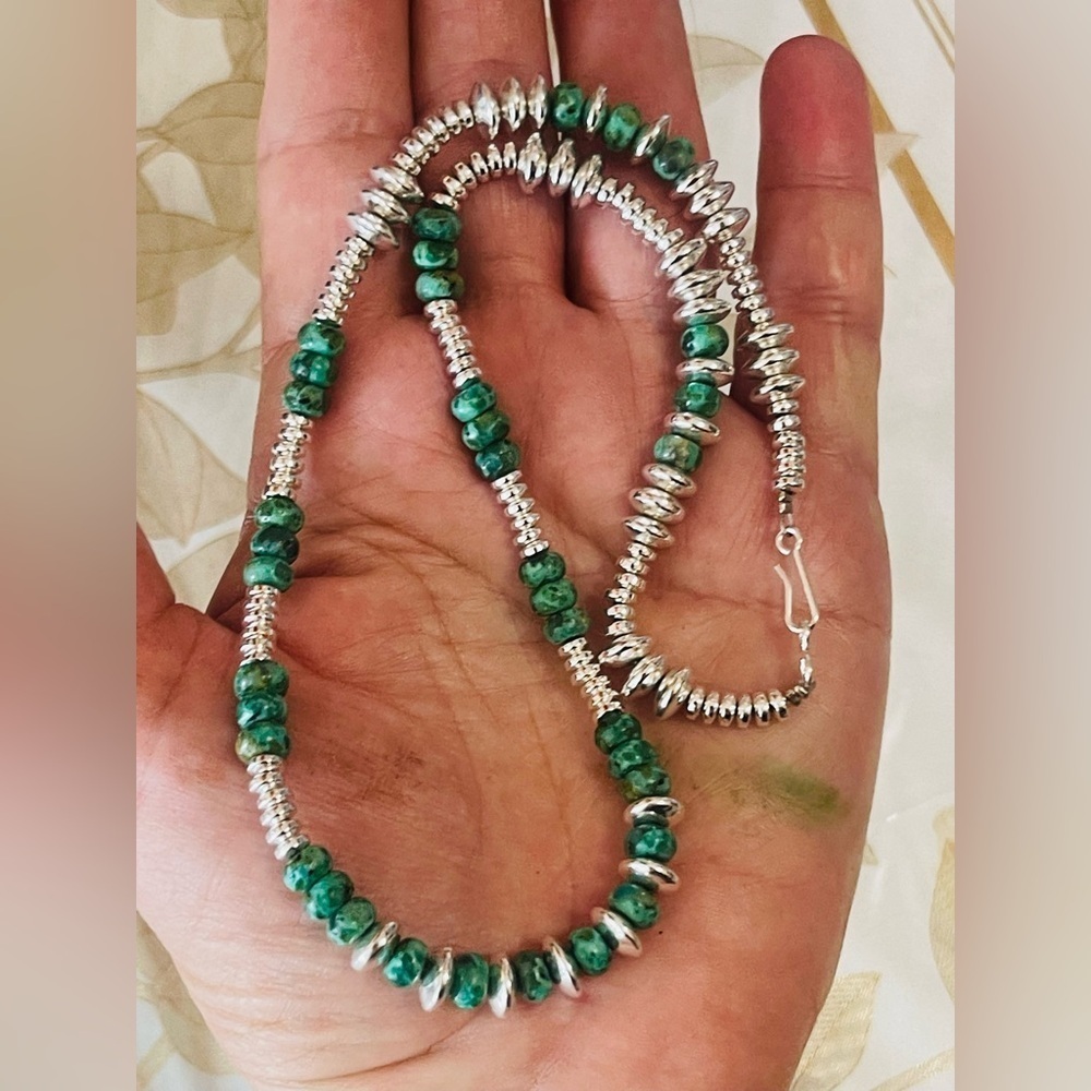 Southwest Turquoise Hematite Pearl Bench Beads Necklace 18” Sterling Clasp